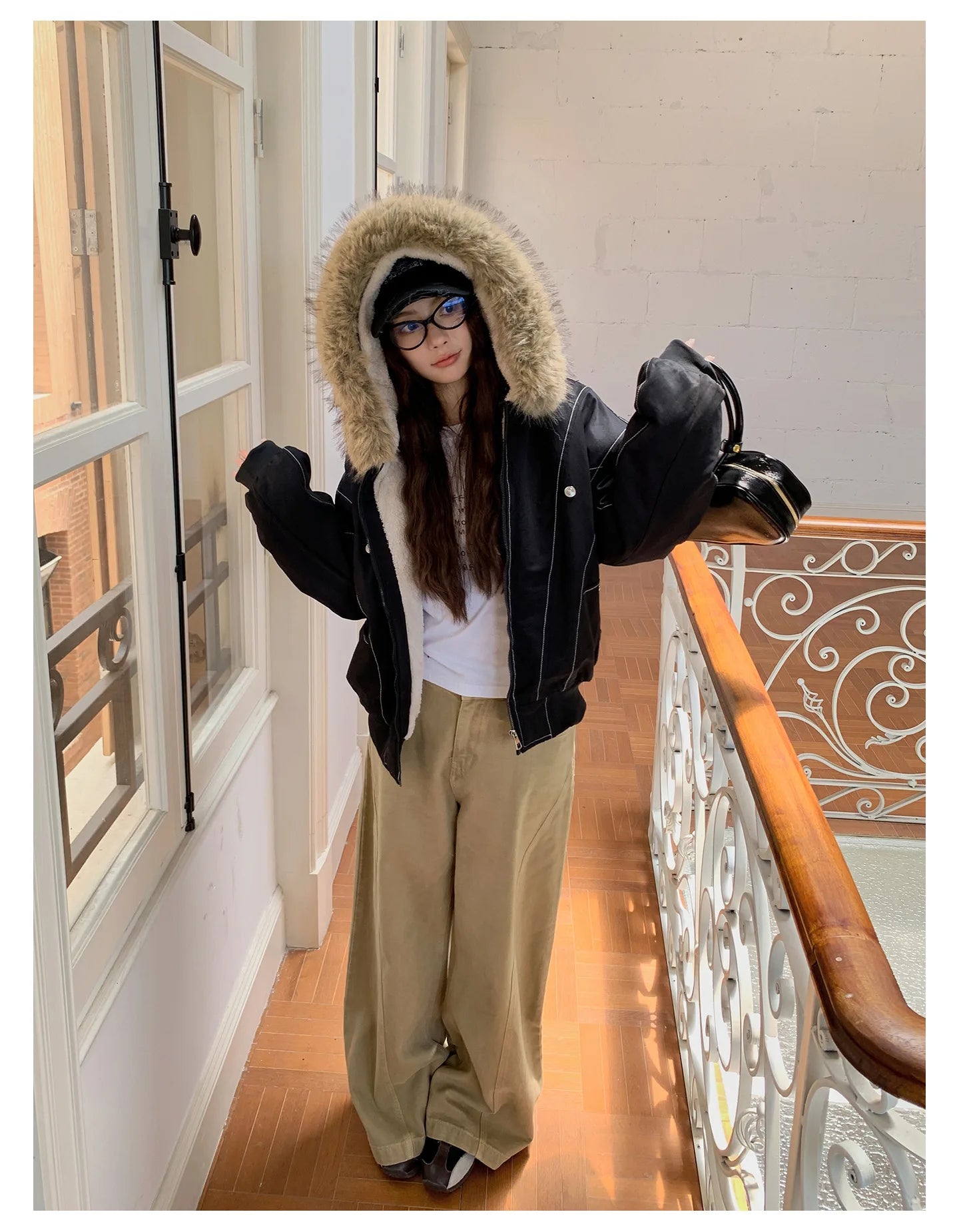 Women Short Parkas Coat Solid Jacket Big Fur Collar Hooded Zipper Pocket Long Sleeve Loose Casual Office Lady 2025 Autumn Winter