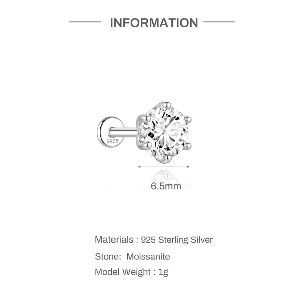CANNER 1PC Classic Three Claws 0.03-1.2 Carat Sparkling D Color Moissanite Piercing Earring Women 925 Sterling Silver Earring