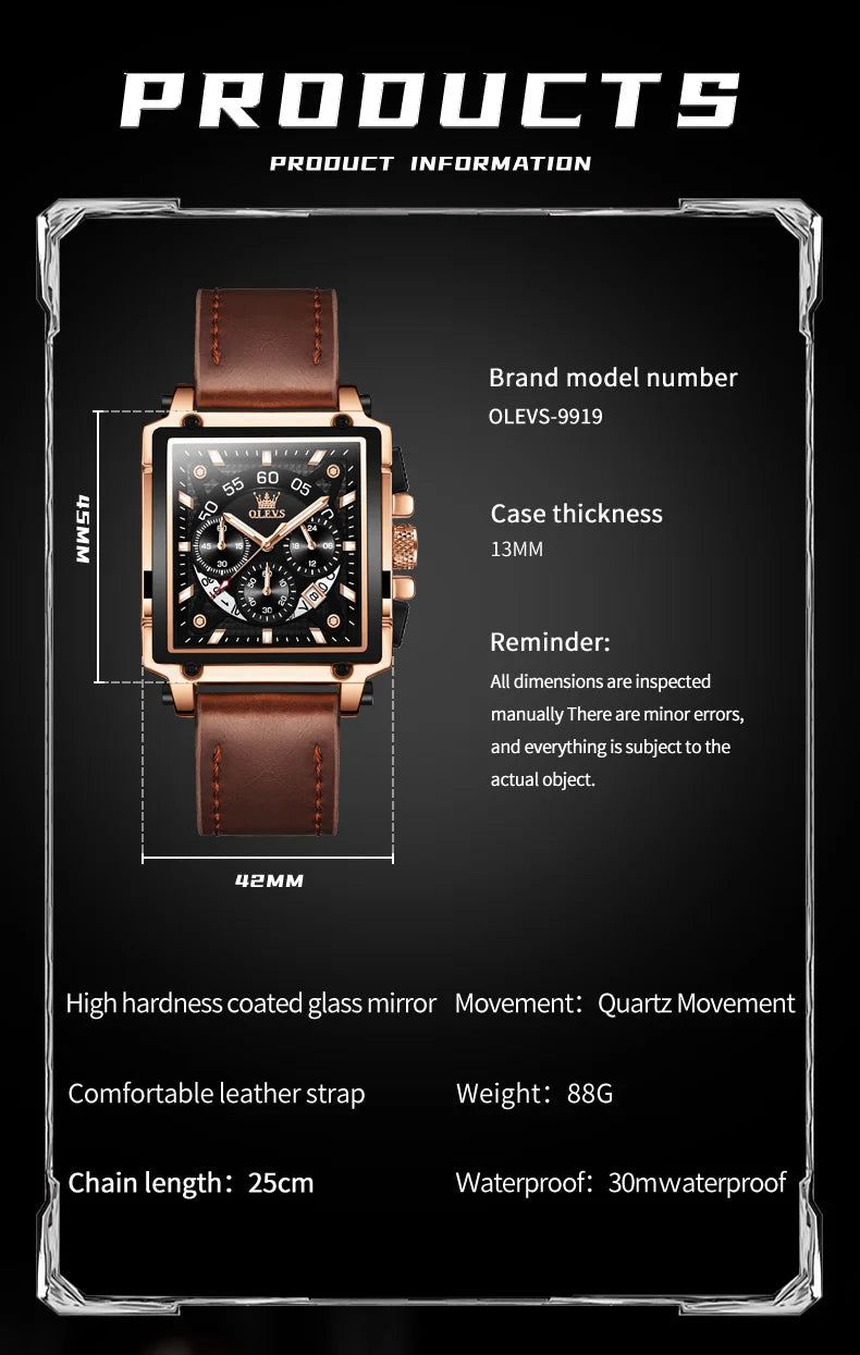 Men’s Square Dial Leather Strap Watch