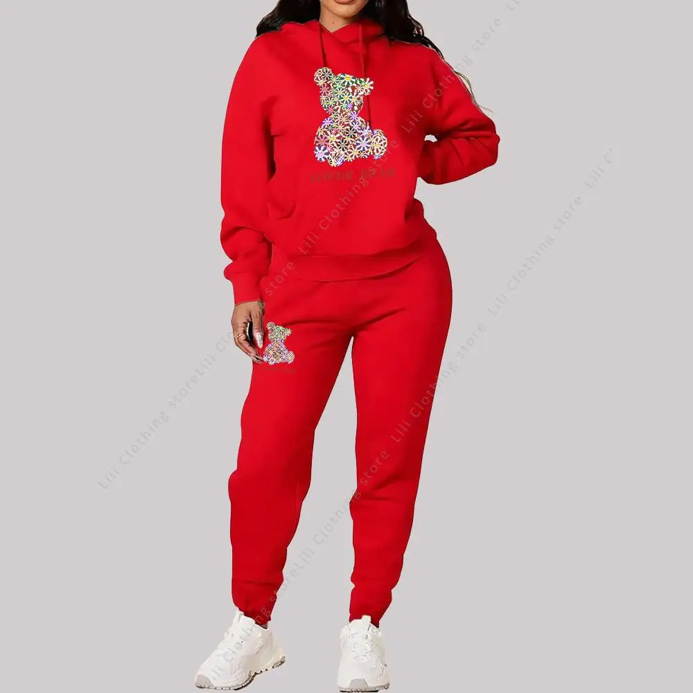Women’s Hoodie and Sweatpants Set Casual Tracksuit Bear Graphic Outfit
