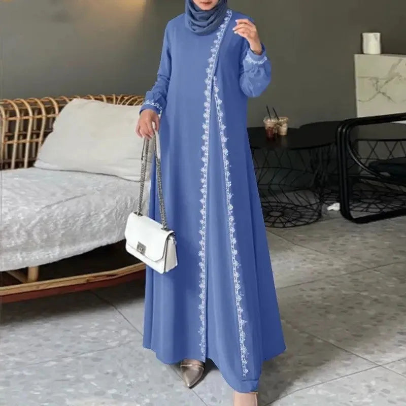 Women's Long Sleeve Lace Robe Muslim Bohemian Style Polyester Abaya Casual Ramadan Spring Vest for Adults Middle Age