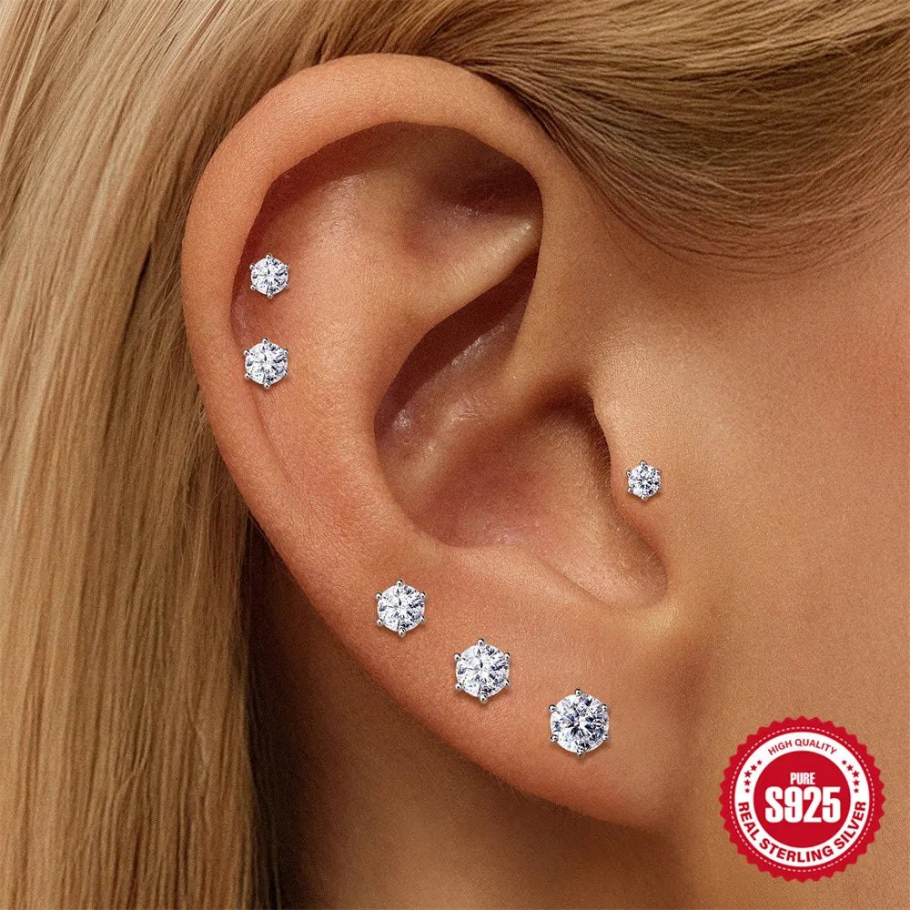 CANNER 1PC Classic Three Claws 0.03-1.2 Carat Sparkling D Color Moissanite Piercing Earring Women 925 Sterling Silver Earring