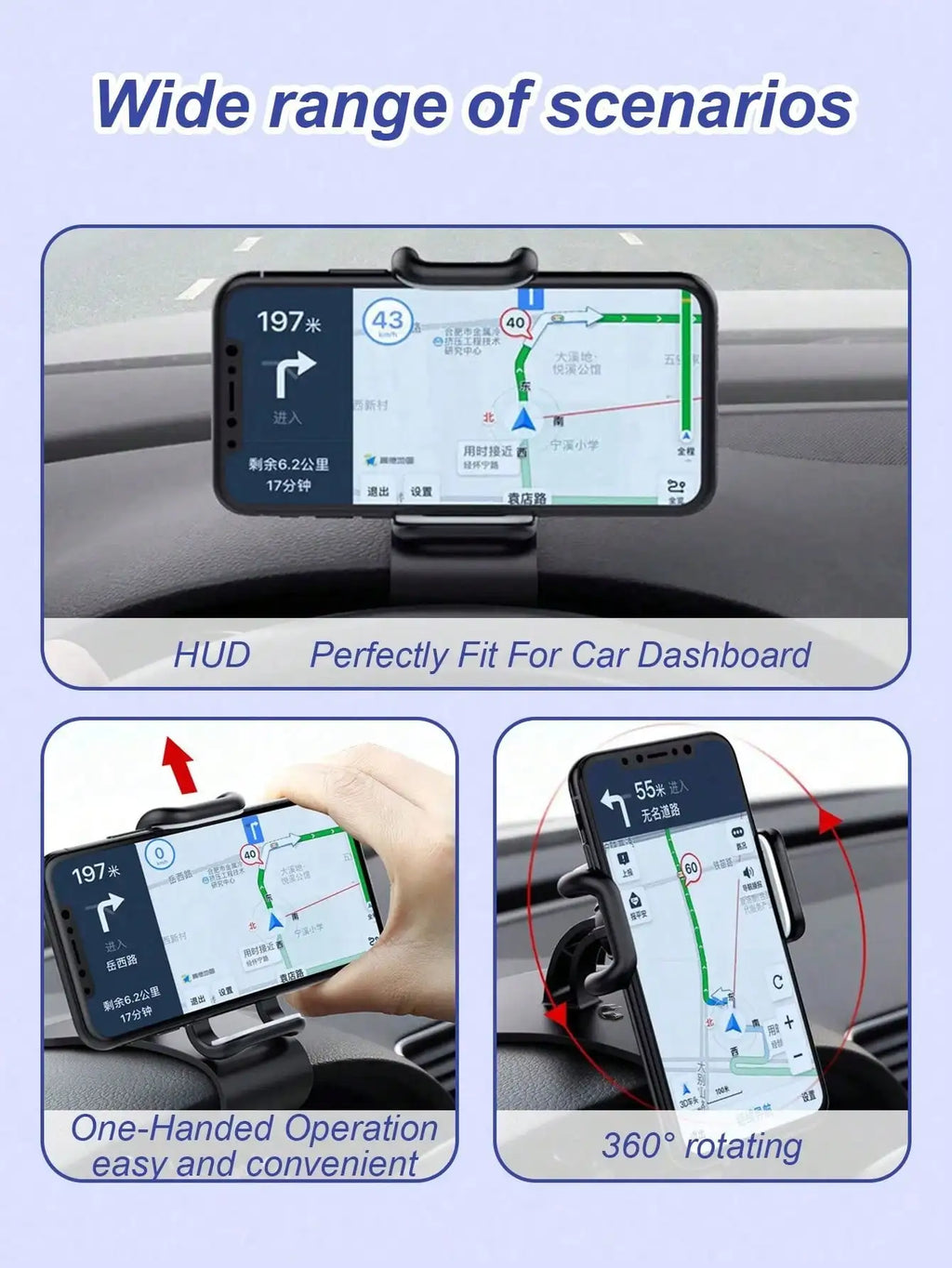 360° Rotating Car Phone Mount – Compatible with All Smartphones, a Clip-On Holder Specifically for Car Navigation