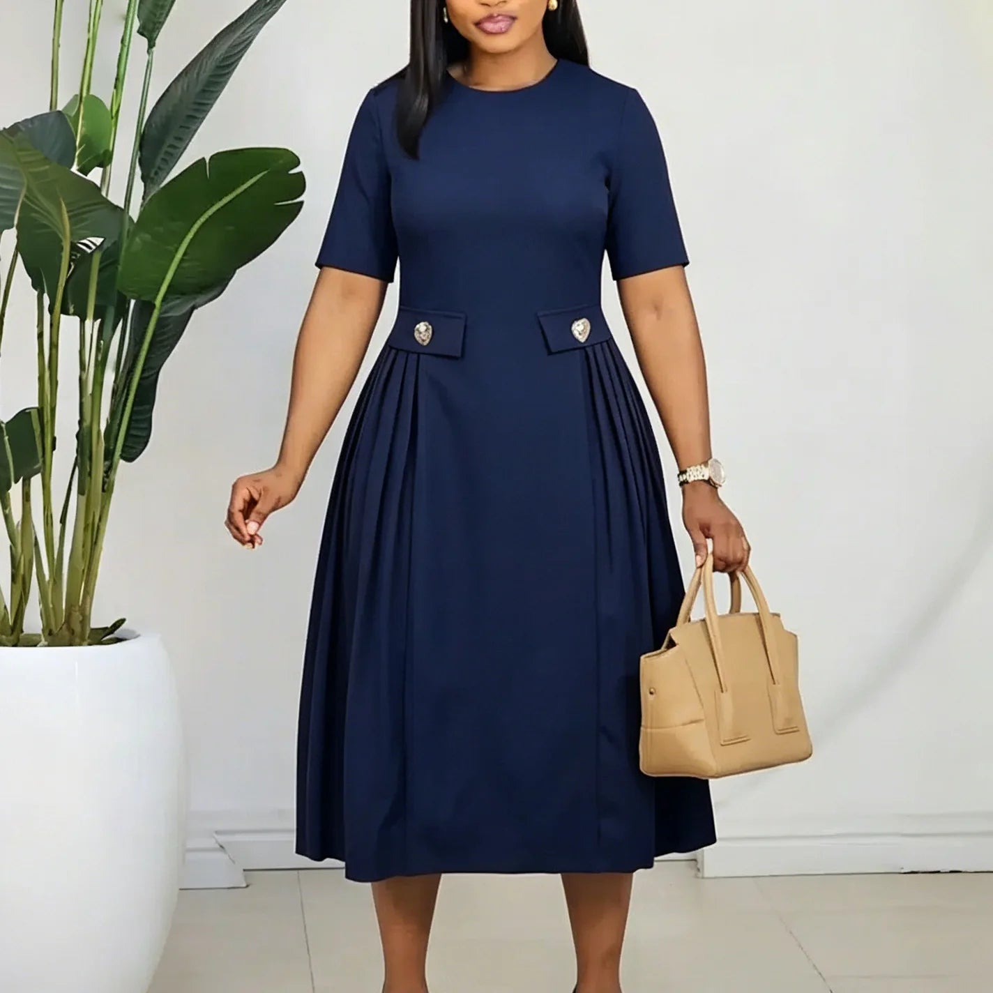 Elegant Women Solid A Line Dress O Neck and Short Sleeves Button High Waist Folds Office Party Formal Events Causal Occasions