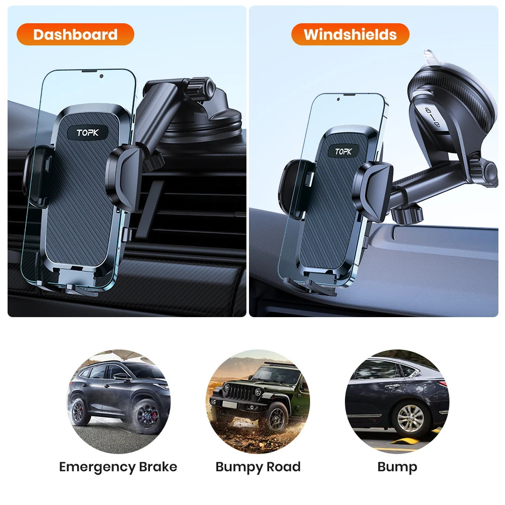 Car Phone Holder 2 in 1 Car Phone Mount for Car Dashboard/Windscreen One Button Release and 360° Rotation for All Phones