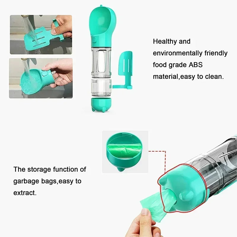 3-in-1 Portable Dog Water Bottle with Food Feeder & Poop Bag Dispenser