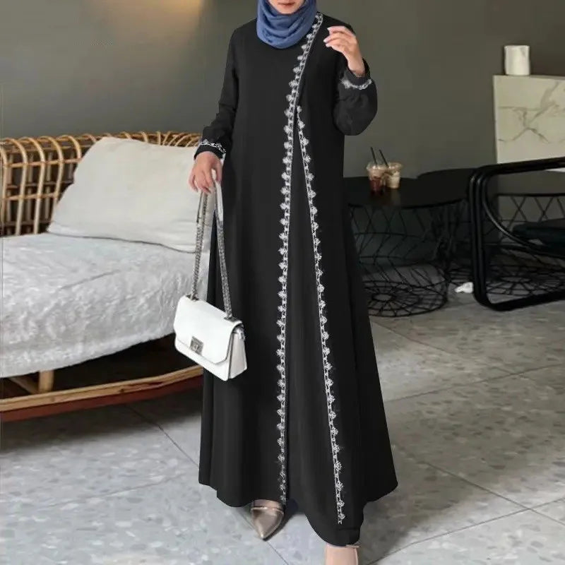 Women's Long Sleeve Lace Robe Muslim Bohemian Style Polyester Abaya Casual Ramadan Spring Vest for Adults Middle Age