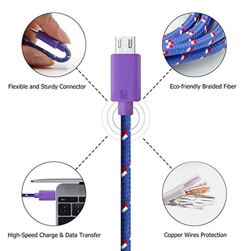 Micro USB Cable 1m 2m 3m Nylon Braided Data Sync USB Charger Cable For Samsung Huawei Xiaomi HTC Android Phone USB Micro Cables