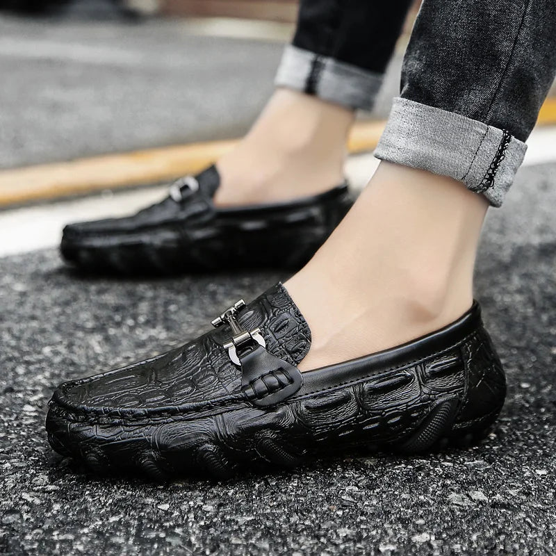 Men Casual Shoes Genuine Leather Crocodile Style Luxury Brand Mens Loafers Moccasins Slip on Black Driving Shoes Plus Size 38-47