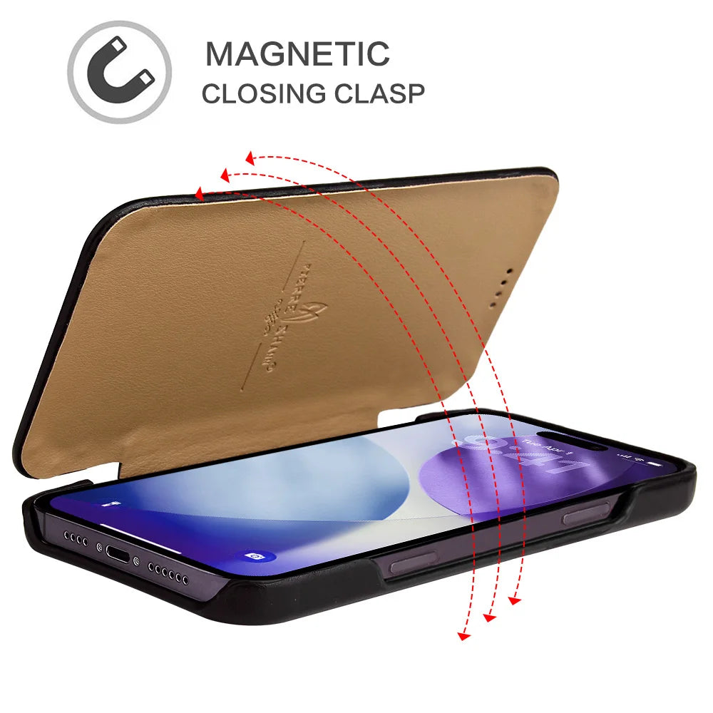 Premium Leather Flip Cover Mobile Phone Case For Apple iPhone 17 Pro Max Air iPhone17 Natural Cowhide Magnetic Button Open