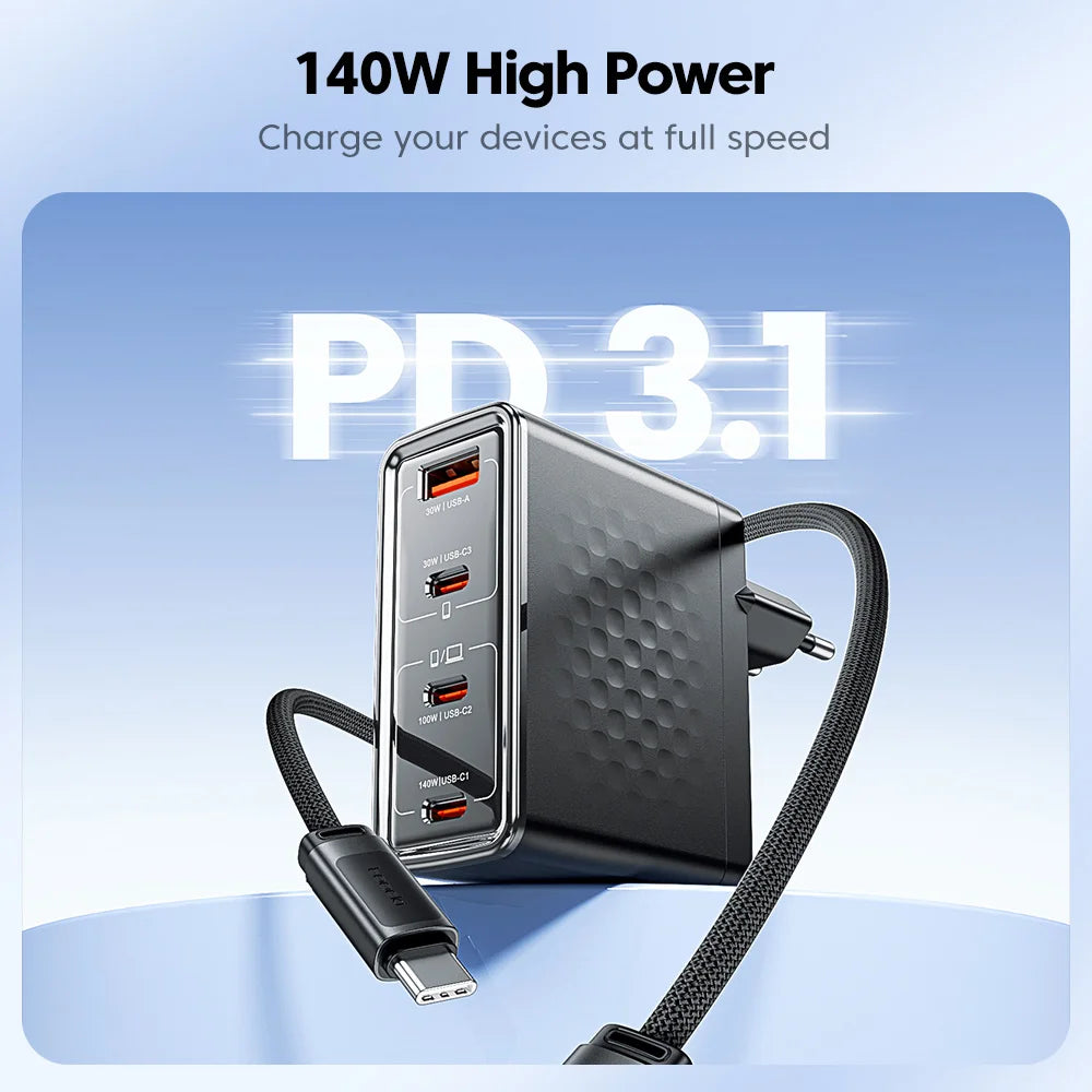 140W USB C Charger PD3.1 QC4.0 Fast Charging for MacBook iPhone 17 16 Samsung - GaN Technology Travel Friendly