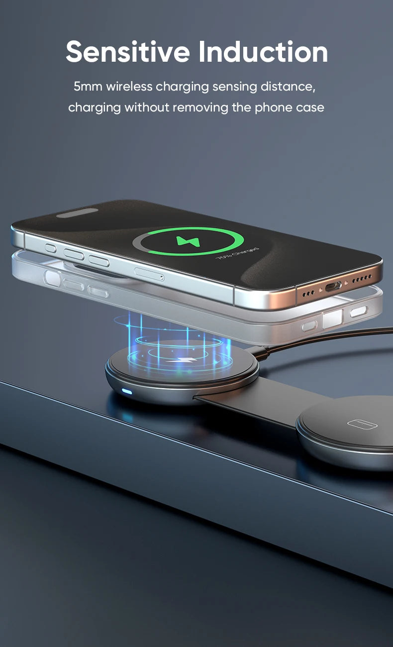 3-in-1 Foldable Magnetic Wireless Charger, 15W Fast Charging, Multi-function Wireless Charging for IPhone, IWatch, Earphones