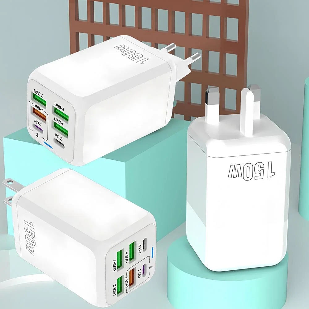 150W 6-Port USB Charger PD QC3.0 Type C Fast Charging Adapter Super Fast Charger For iPhone Samsung Xiaomi OnePlus EU/UK/US Plug