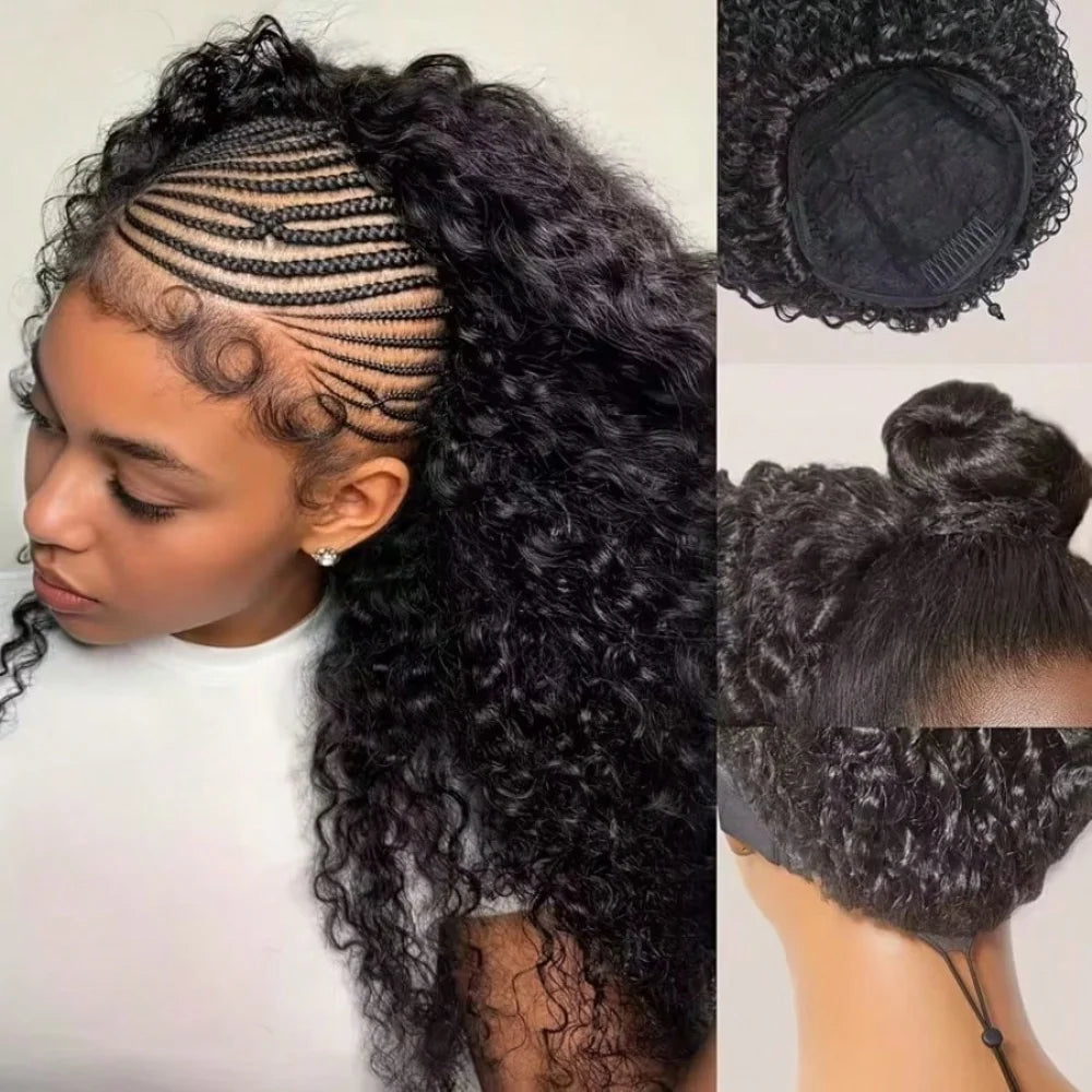 200 Density 3-In-1 Jerry Curly Half Wig Human Hair eamless Flip Over Half Wig Human Hair Glueless Wear And Go Drawstring HeadbW