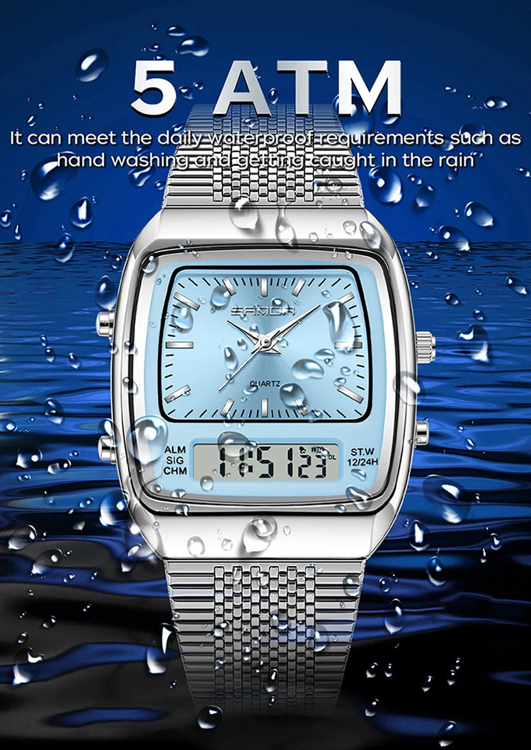 SANDA 3393 Men's Electronic Quartz Watch Fashion Multifunction Dual Display Clock Luminous Waterproof Casual Men Digital Watches