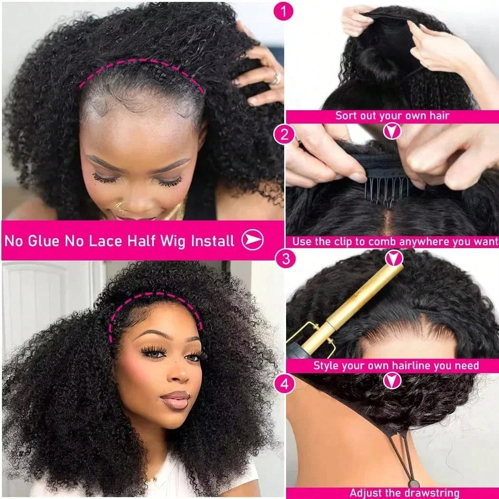200 Density 3-In-1 Jerry Curly Half Wig Human Hair eamless Flip Over Half Wig Human Hair Glueless Wear And Go Drawstring HeadbW
