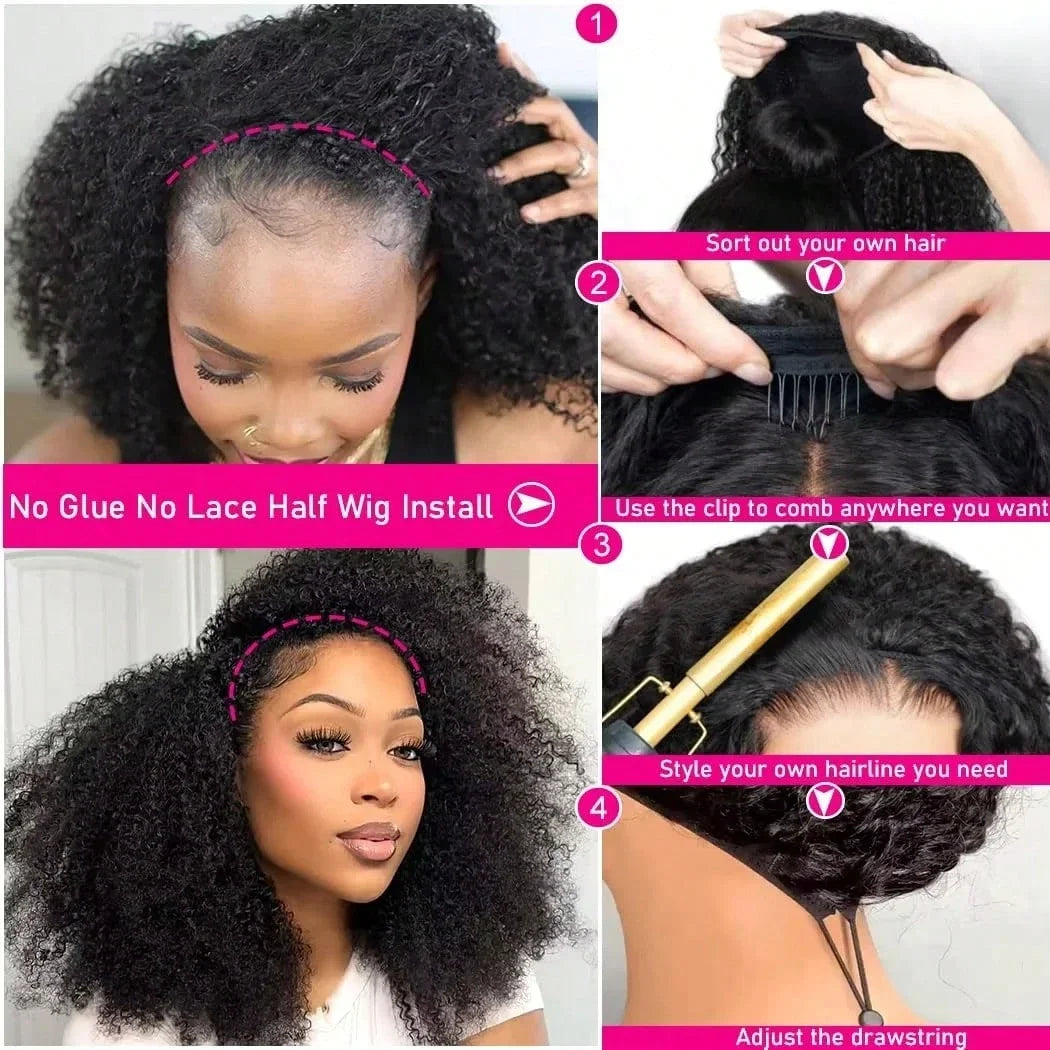 200 Density 3-In-1 Jerry Curly Half Wig Human Hair eamless Flip Over Half Wig Human Hair Glueless Wear And Go Drawstring HeadbW