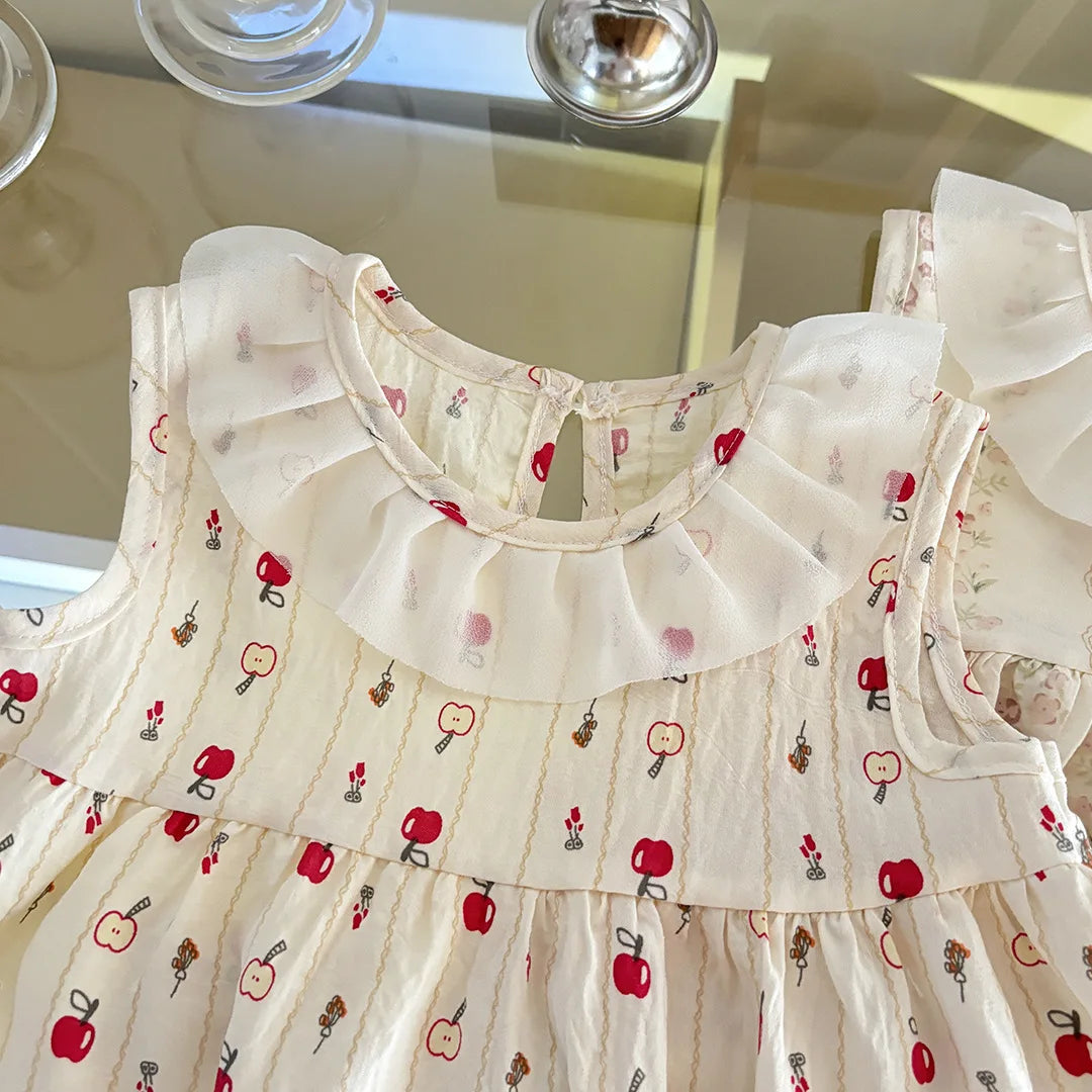 Two-Piece Set  Sleeveless Princess Dress with Floral Print, Summer Thin Outfit for Baby Girls Baby Girl Cute