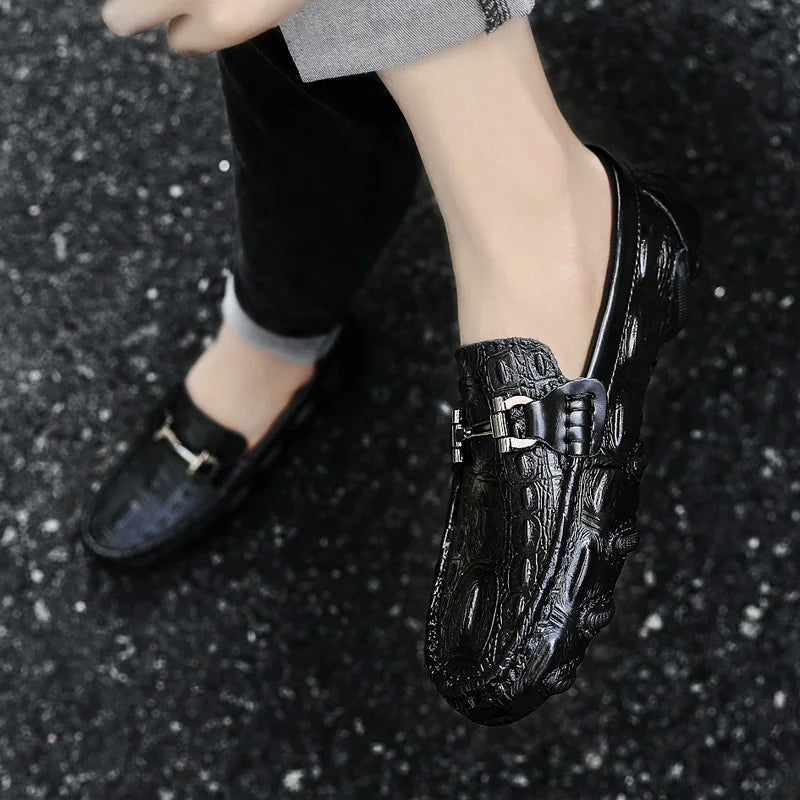 Men Casual Shoes Genuine Leather Crocodile Style Luxury Brand Mens Loafers Moccasins Slip on Black Driving Shoes Plus Size 38-47