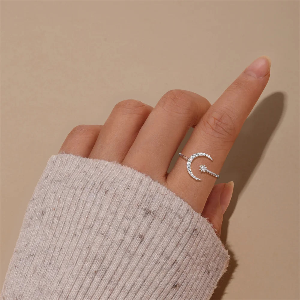 CANNER Moissanite Eight-pointed Star Moon Open Wedding Band Ring Women 925 Sterling Silver Sparkling Eternity Engagement Ring