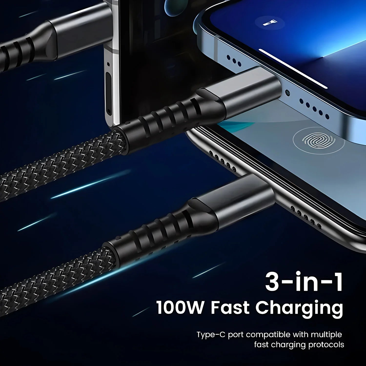100W Fast Charging 3 in 1 Multi Charger Cable Nylon Braided USB-C Micro Universal Charging Cord with Type-C Micro Adapter