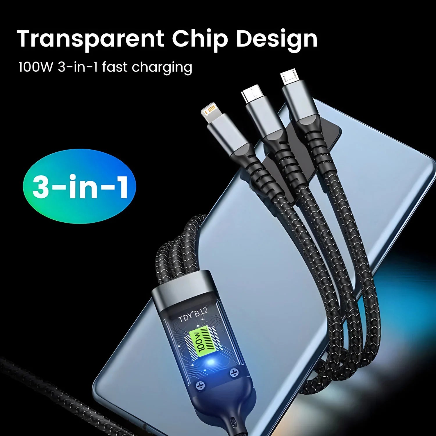 100W Fast Charging 3 in 1 Multi Charger Cable Nylon Braided USB-C Micro Universal Charging Cord with Type-C Micro Adapter