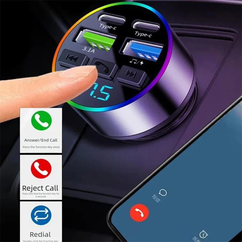 Bluetooth 5.0 FM Transmitter Car USB Quick Charge 4 Ports with Atmosphere Light Hands-Free Call And Music Input