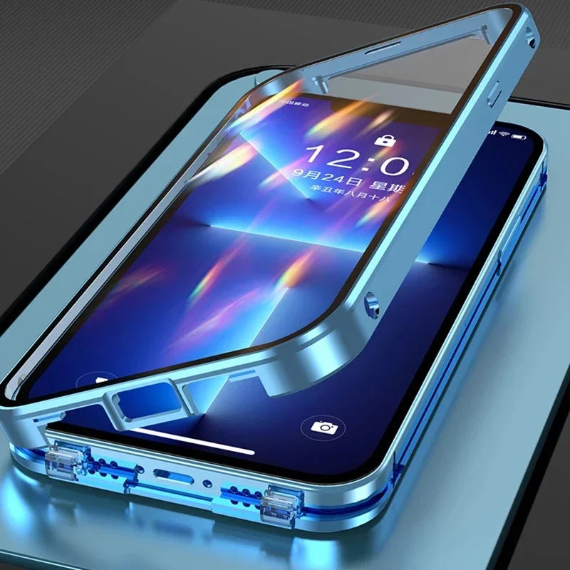 Clear 360° Full Protection Metal Magnetic Double-Sided Glass Press Phone Case for iPhone 16e 16 Pro Max 14 13 12 15 Pro Max Case