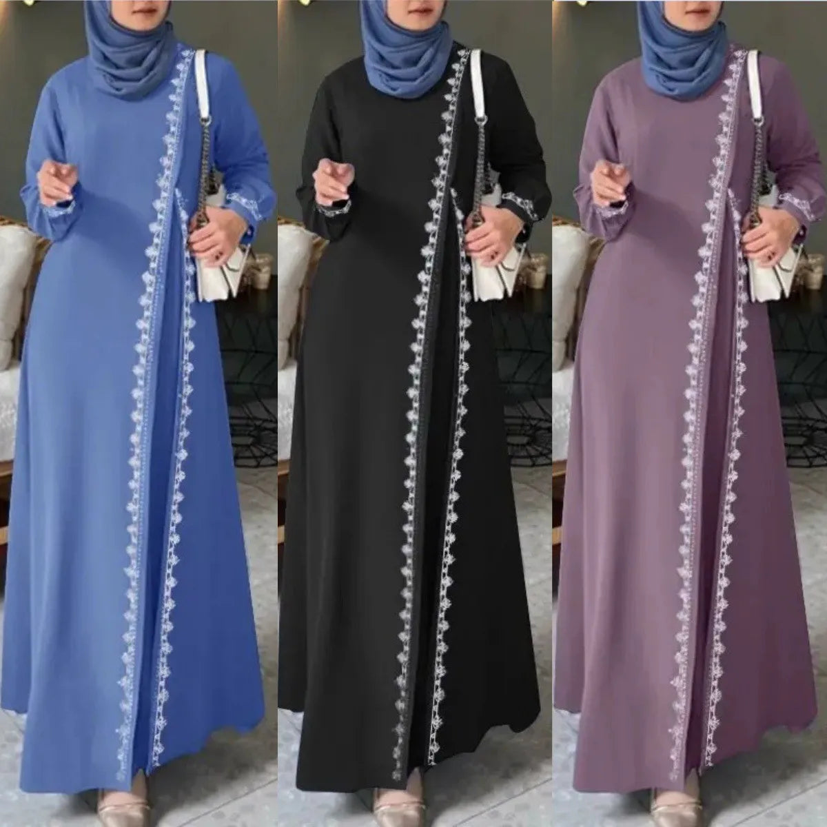 Women's Long Sleeve Lace Robe Muslim Bohemian Style Polyester Abaya Casual Ramadan Spring Vest for Adults Middle Age