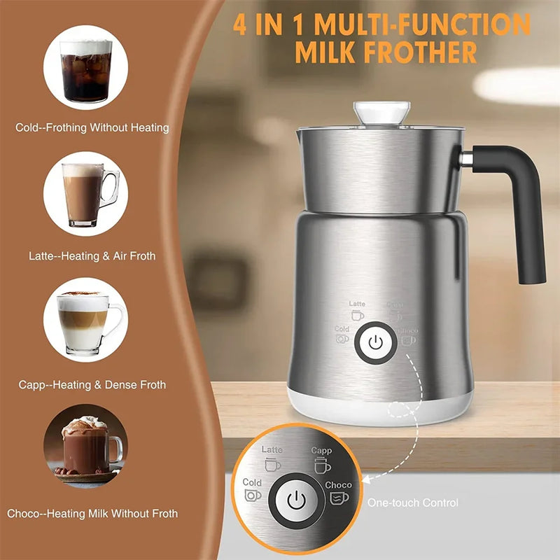 Milk Frother & Steamer – 4-in-1 Electric Hot and Cold Foam Maker for Coffee, Latte, Cappuccino, Stainless Steel with Auto Shut-Off (Silver/Black)