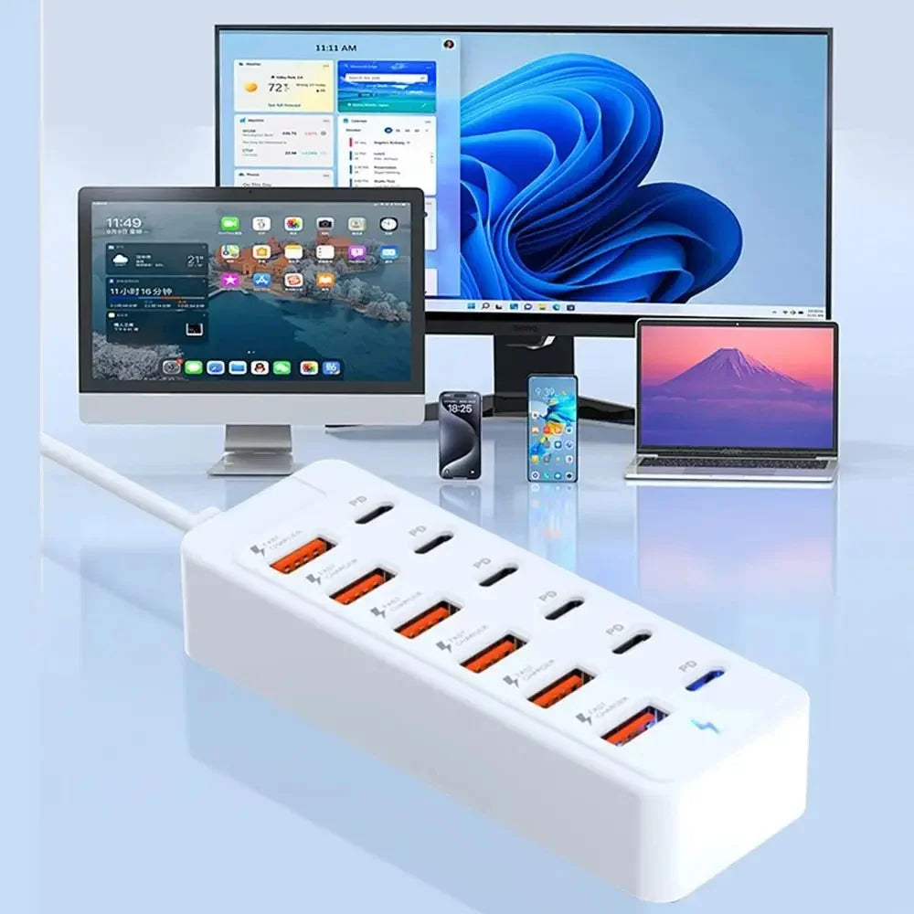 USB Type C Charger 12 in 1 USB HUB Adapter Socket Fast Charging Power Strip Desktop Charging Station For iPhone Samsung