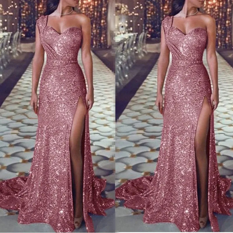 Women's Wedding Party Dress Evening Elegant Sexy Deep V Neck One Shoulder Sleeveless Sequined Long Maxi Dresses For Women