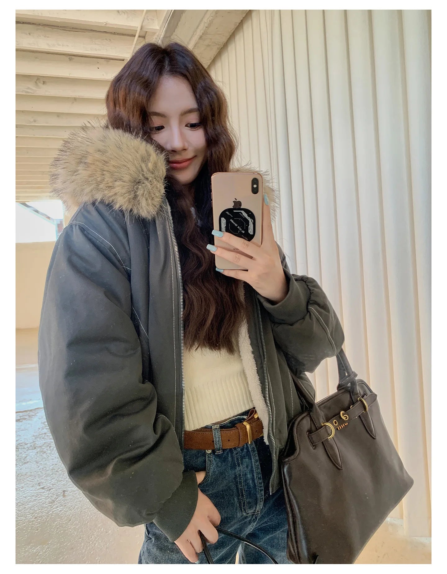 Women Short Parkas Coat Solid Jacket Big Fur Collar Hooded Zipper Pocket Long Sleeve Loose Casual Office Lady 2025 Autumn Winter
