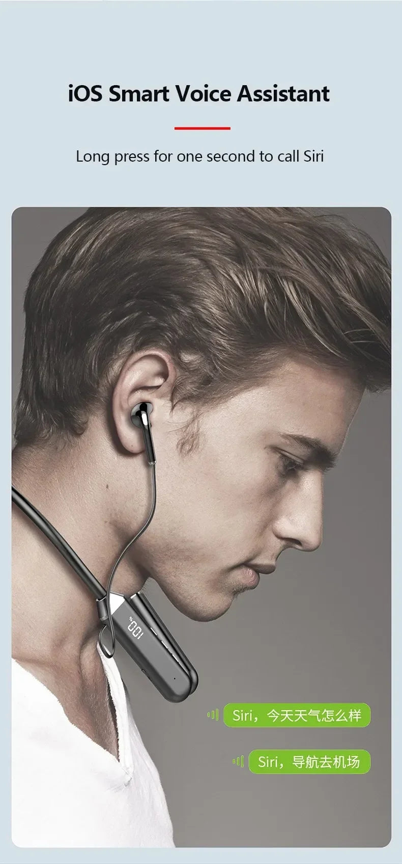 Wireless Neckband Headphones Bluetooth Earphones with LED Power Display High Sound Quality Stereo Waterproof In-ear Headset with Microphone