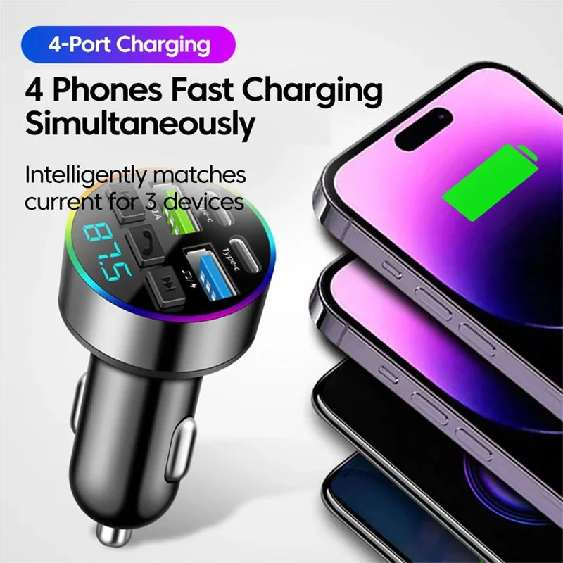 Bluetooth 5.0 FM Transmitter Car USB Quick Charge 4 Ports with Atmosphere Light Hands-Free Call And Music Input