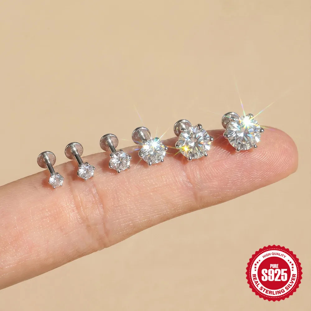 CANNER 1PC Classic Three Claws 0.03-1.2 Carat Sparkling D Color Moissanite Piercing Earring Women 925 Sterling Silver Earring