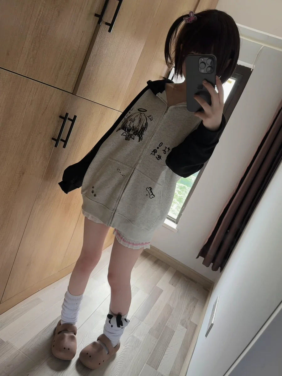 Autumn Japanese Kawaii Cute y2k Aesthetics Patchwork Sweatshirt women Cartoon Anime Print Harajuku Retro Streetwear Jacket Tops