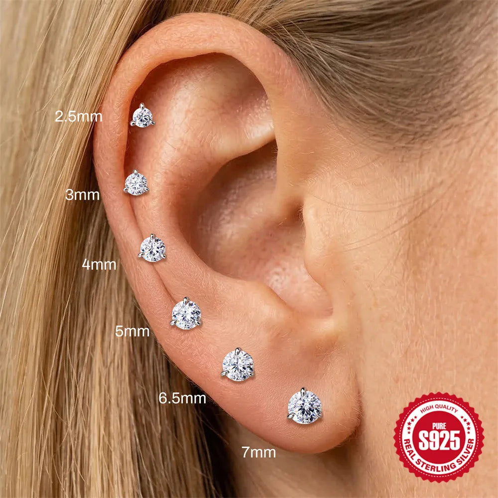CANNER 1PC Classic Three Claws 0.03-1.2 Carat Sparkling D Color Moissanite Piercing Earring Women 925 Sterling Silver Earring
