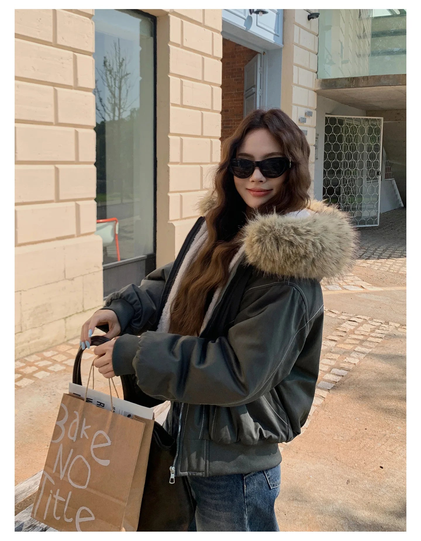 Women Short Parkas Coat Solid Jacket Big Fur Collar Hooded Zipper Pocket Long Sleeve Loose Casual Office Lady 2025 Autumn Winter