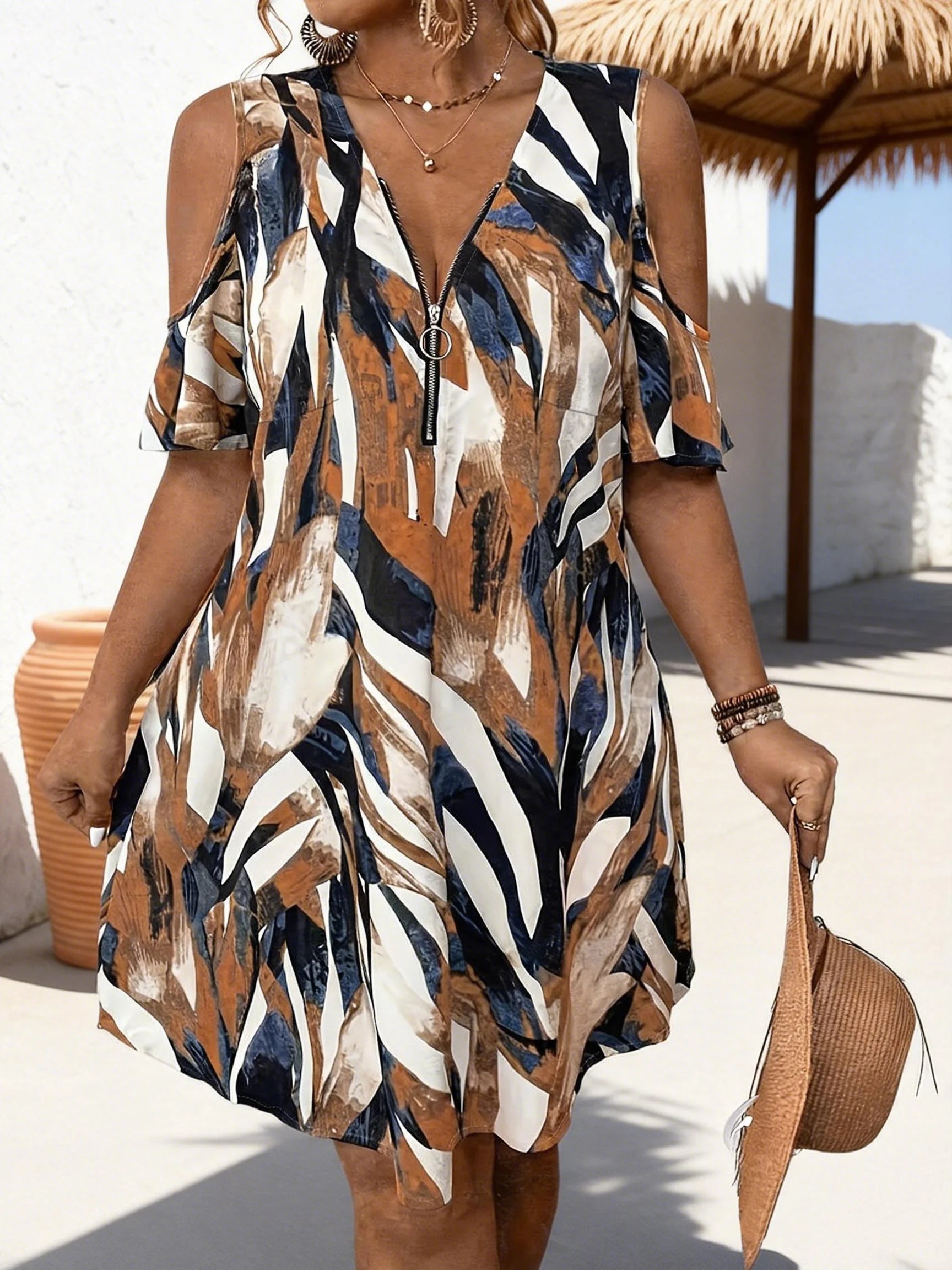 Elegant V-Neck Zipper Sleeveless Large Size Summer Dress for Women Casual Loose Floral Print One Piece Women's Summer Dress
