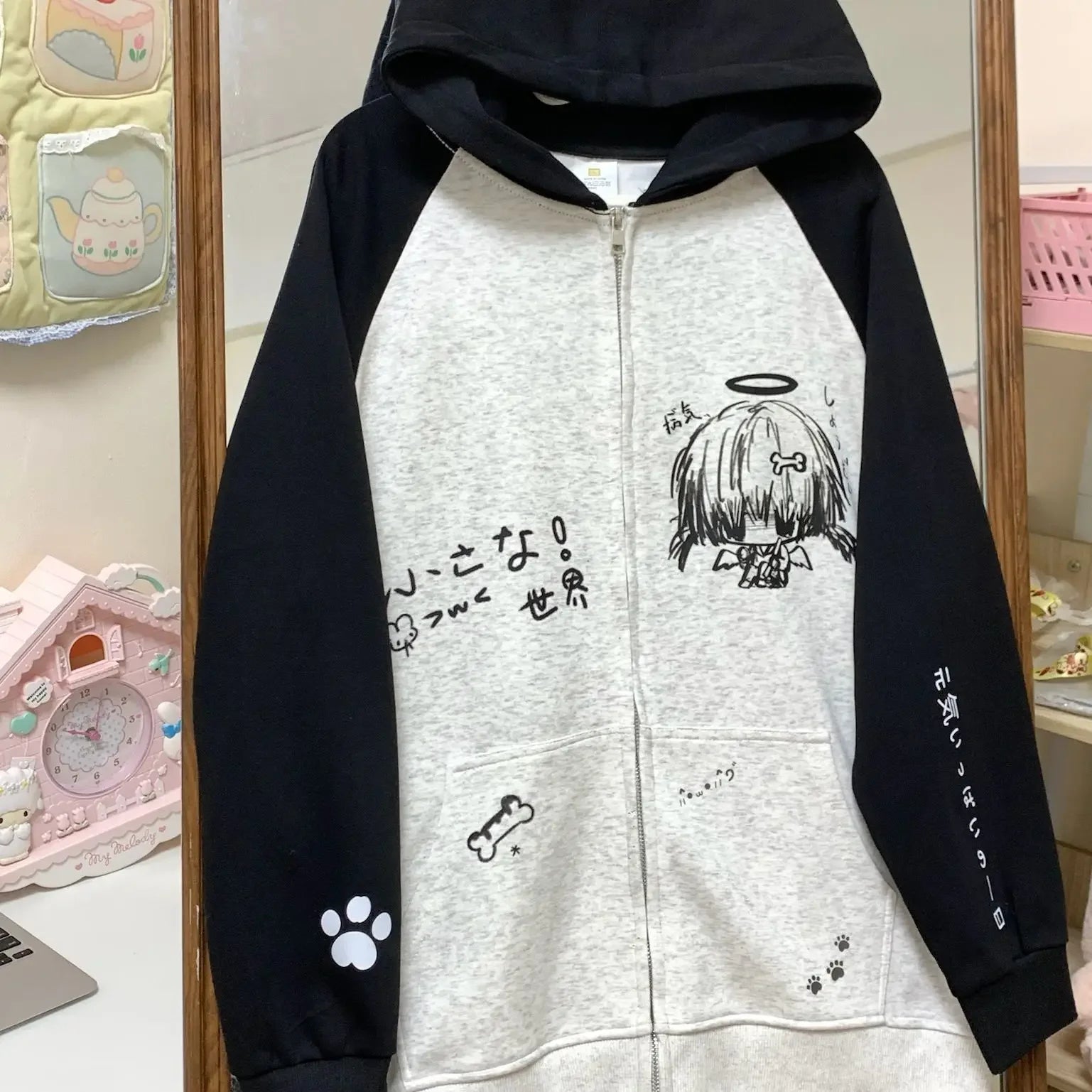 Autumn Japanese Kawaii Cute y2k Aesthetics Patchwork Sweatshirt women Cartoon Anime Print Harajuku Retro Streetwear Jacket Tops
