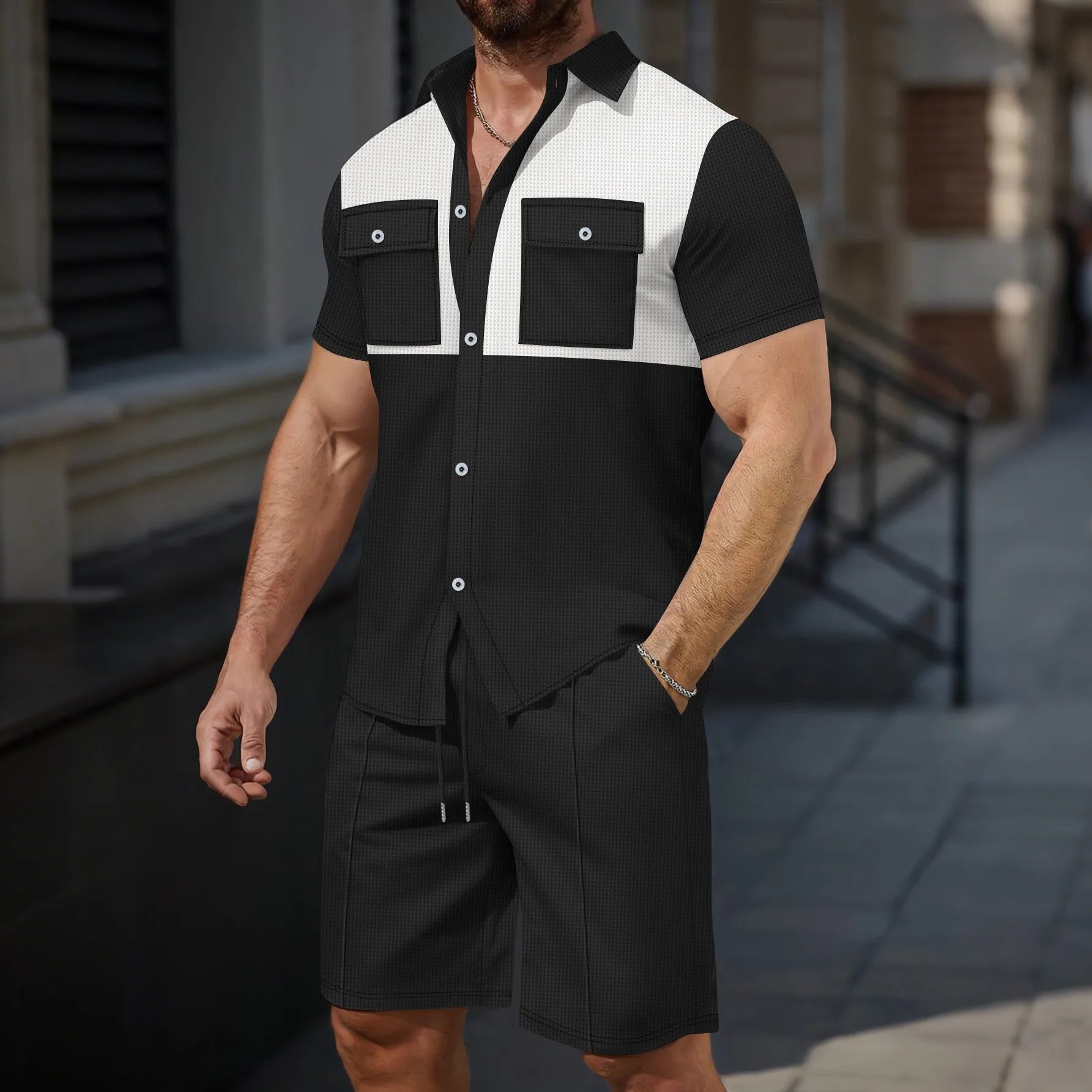 Men’s Two-Piece Casual Short Set with Button Pockets