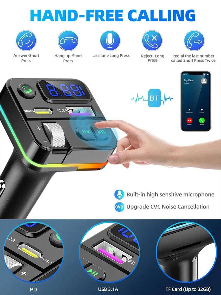 Bluetooth 5.0 FM Transmitter Car Adapter with AUX Bass Boost 3-Port Charger - Wireless Music Streaming Car Charger