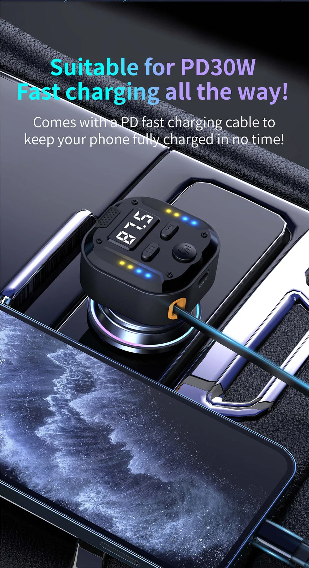 Bluetooth 5.3 FM Transmitter Handsfree Car AUX Radio Modulator MP3 Player with QC3.0 & PD30W Fast Charge Adapter Car Accessories