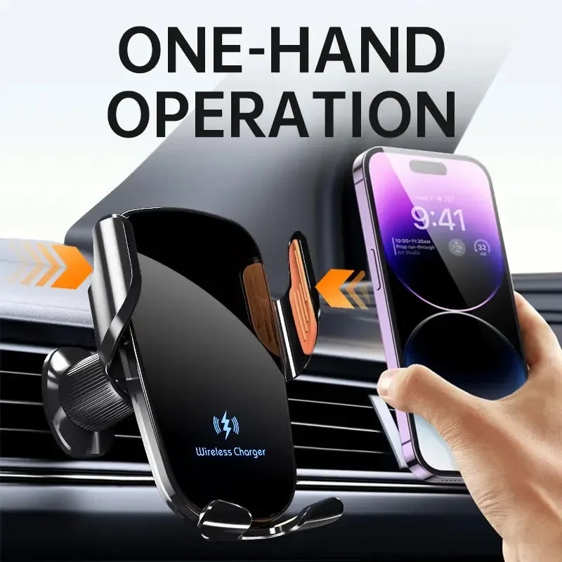 Fast Charge Wireless Car Charger with Manual Clamping Air Vent Mount for Samsung Android & iPhone 16 15 14 13 - Type C Qi Certified