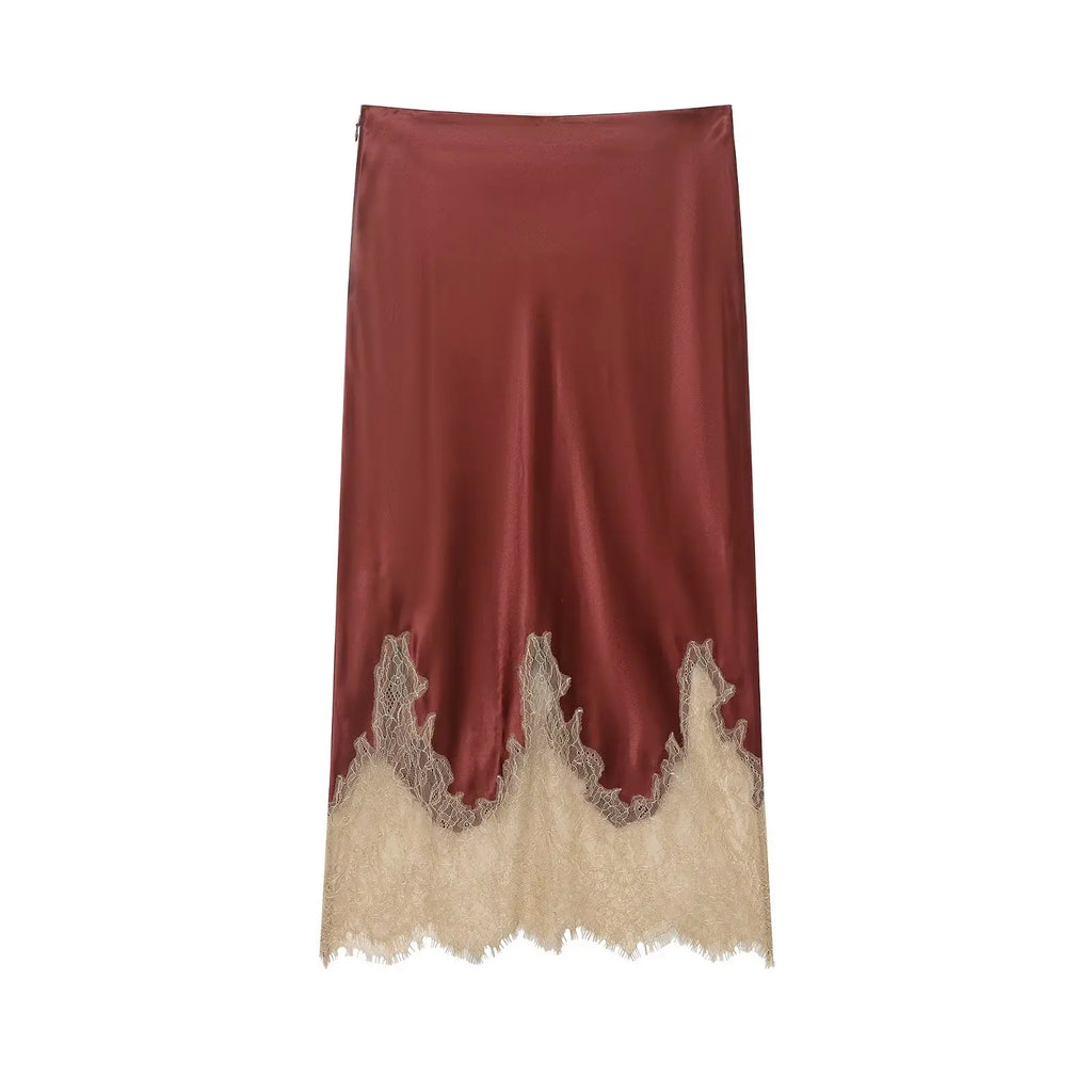 Women's Elegant Patchwork Lace Hem Midi Skirt High Waist Slim Fit Zipper Side Elegant Fashion Spring Summer Trend