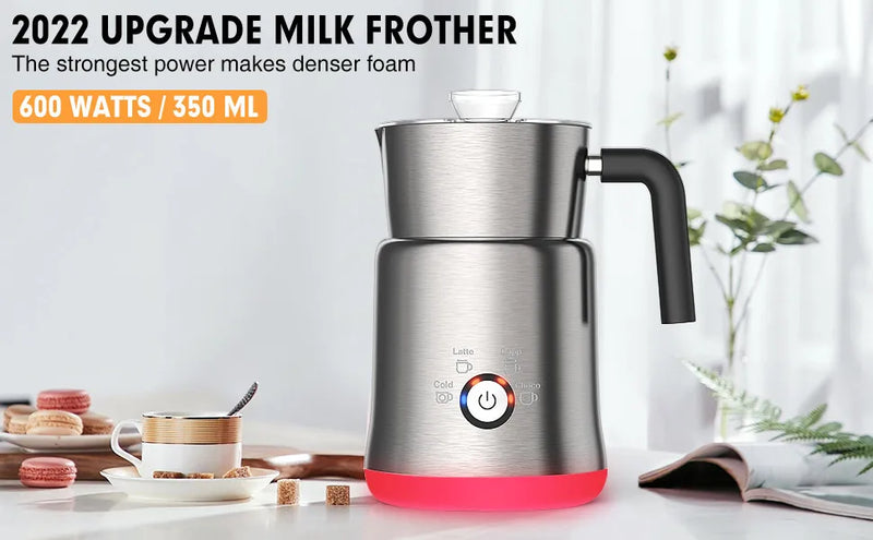Milk Frother & Steamer – 4-in-1 Electric Hot and Cold Foam Maker for Coffee, Latte, Cappuccino, Stainless Steel with Auto Shut-Off (Silver/Black)