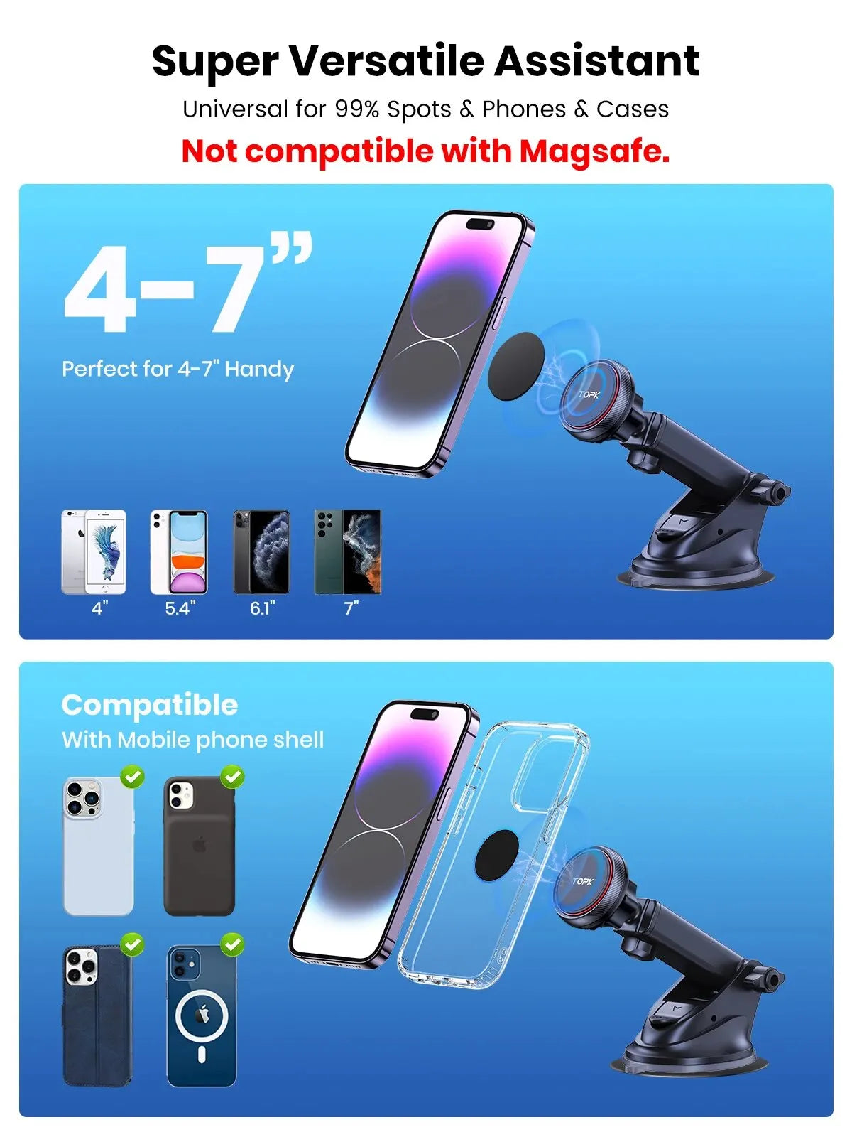 TOPK Magnetic Car Phone Mount; N52 Strong Magnet Dashboard Windshield Suction Cup Car Phone Holder Adjustable Telescopic Arm