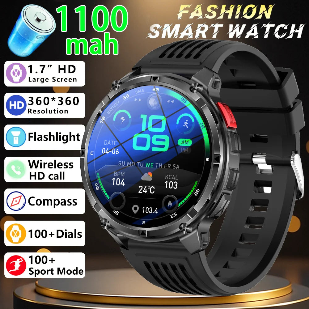 Men Smart Watch 1.7inch LED Flashlight HT33 BT Calling Outdoor Sports Compass Health Monitoring 1100mAh Large Battery Smartwatch