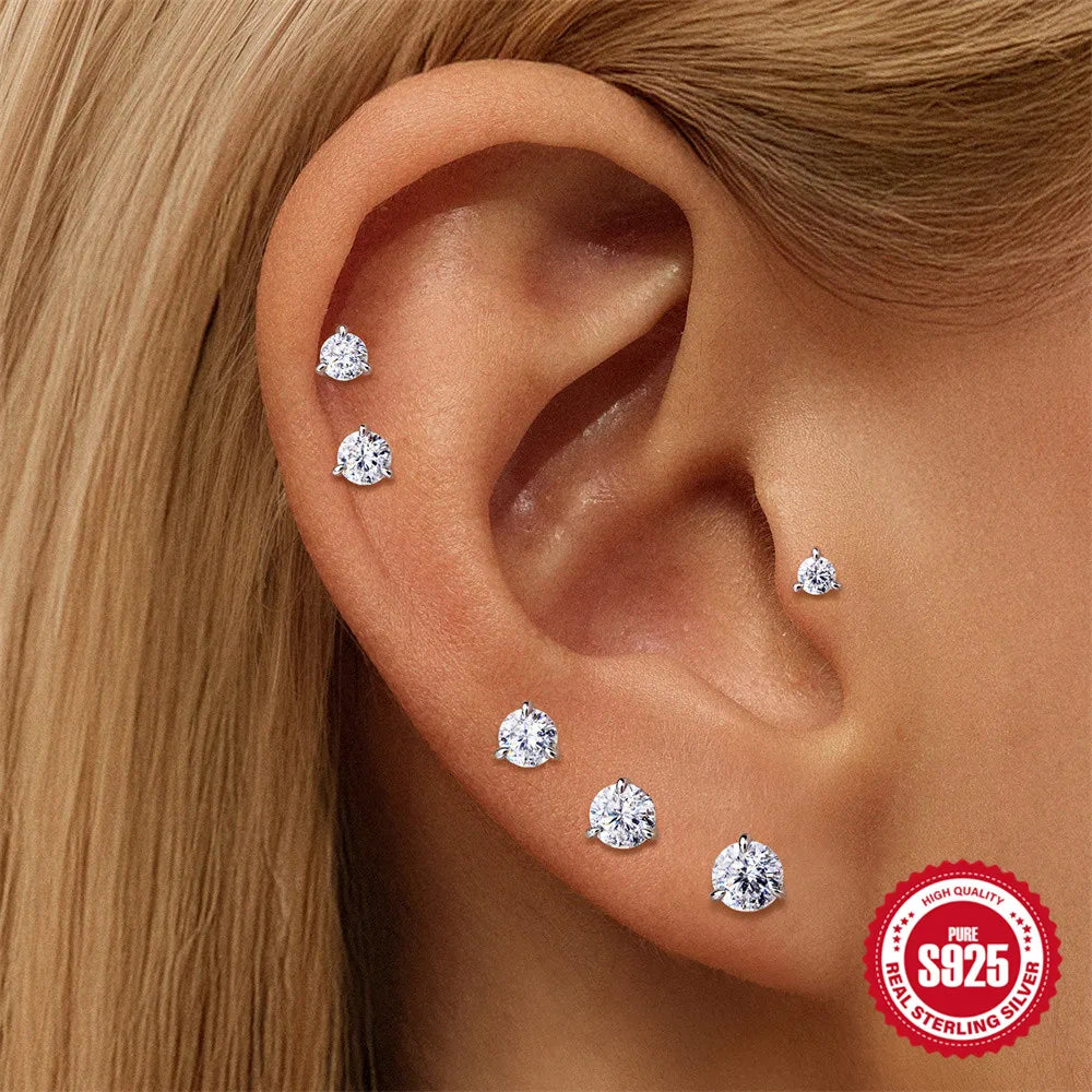 CANNER 1PC Classic Three Claws 0.03-1.2 Carat Sparkling D Color Moissanite Piercing Earring Women 925 Sterling Silver Earring
